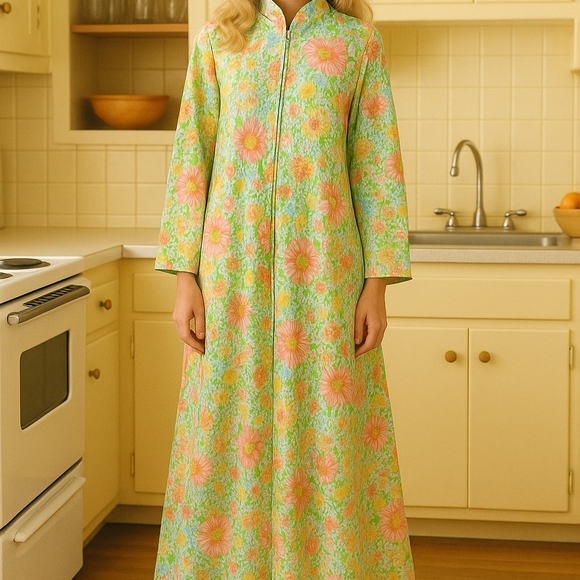 Vintage Floral 60s 70s Half Zip Pullover Robe Small Night Gown - Picture 9 of 9